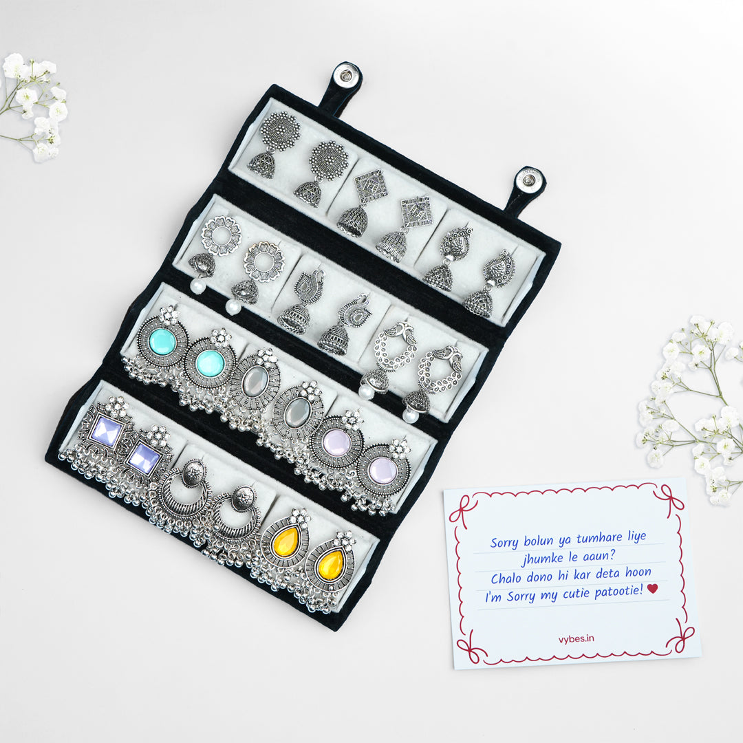 set of 12 oxidized designer  earrings with folding jewlelry box