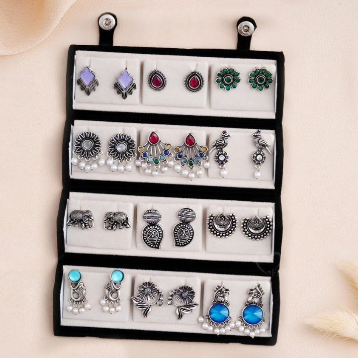Set Of 12 Oxidized Designer Stud Earrings With Folding Jewelry Box
