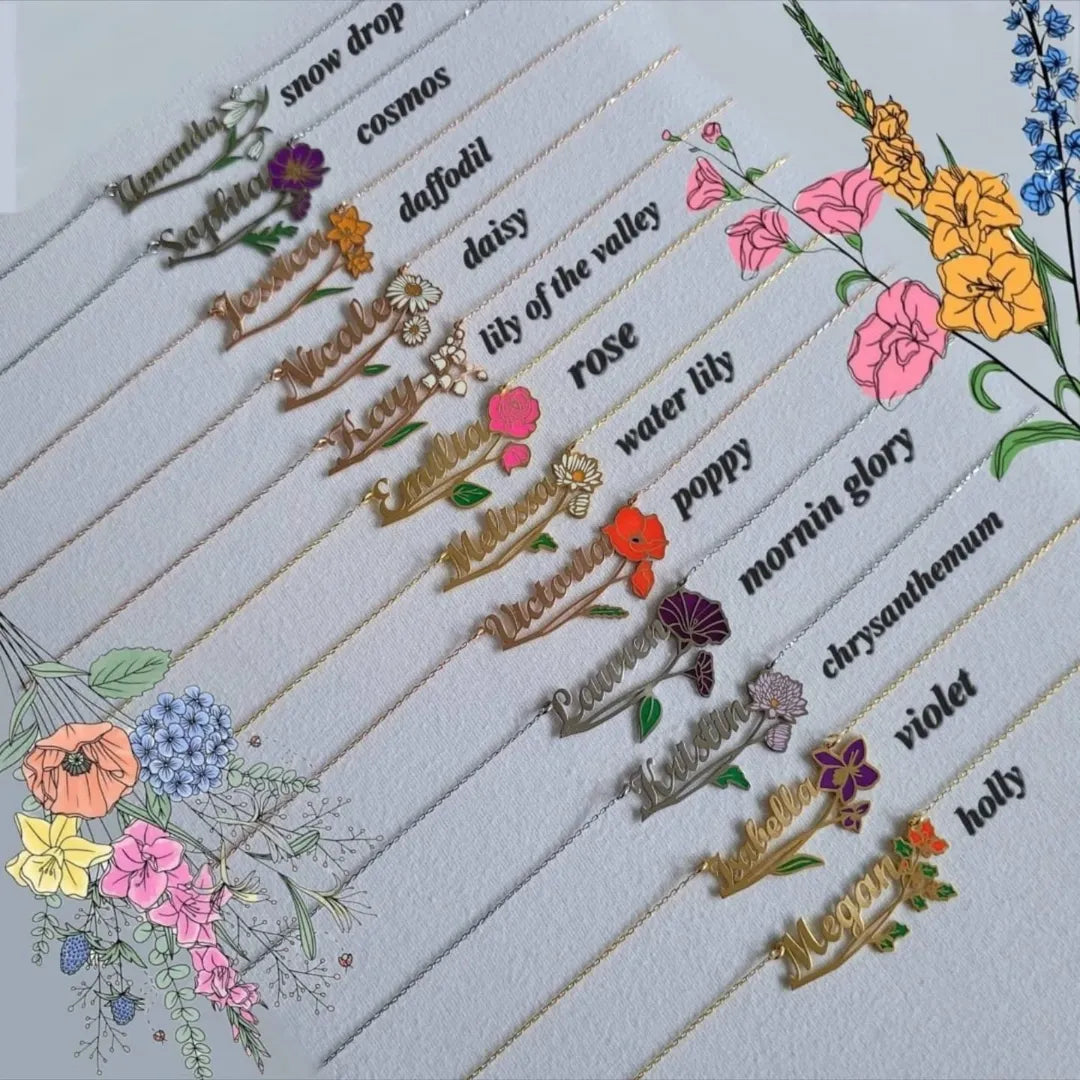 Enamel Name Necklace CNC Engraved Flower Any Colour Flower Can Be Done. 18K Gold Plated.  Gold, Silver Available.