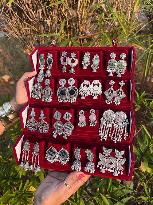 16 OXIDISED SILVER JHUMKA + RED BOX